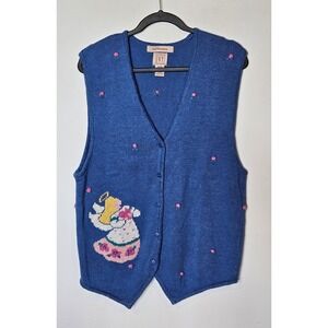 IVY Vintage Hand Embroidered Angel Floral Knit Grandma Sweater Vest‎ Blue XL